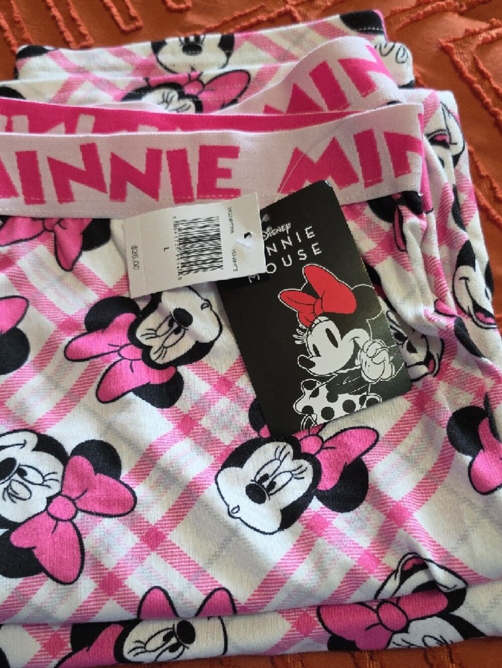 Disney Minnie Mouse Pink and White Plaid Pajama Bottoms. New With Tags.